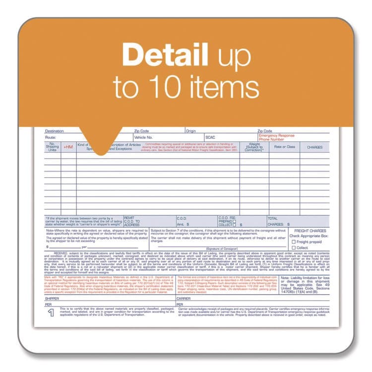 CARDINAL BRANDS . Bill of Lading - Short Form for Up to Ten Articles, Three-Part Carbonless, 8.5 x 6.94, 50 Forms Total (ABF9013) thumbnail 3