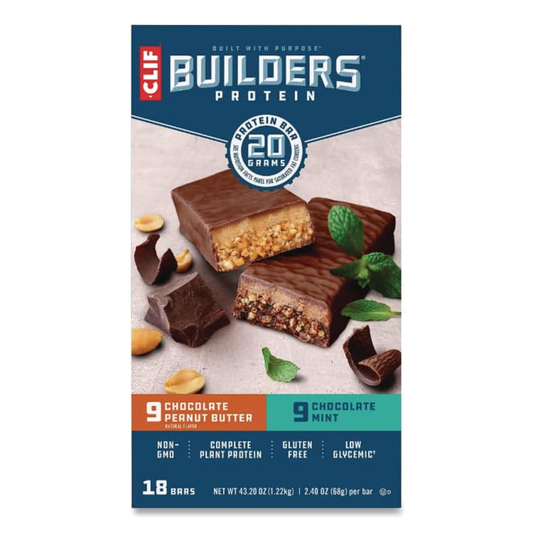 CLIF BAR & COMPANY Builders Protein Bar, Chocolate Mint/Chocolate Peanut Butter, 2.4 oz Bar, 18 Bars/Box (GRR22000543)