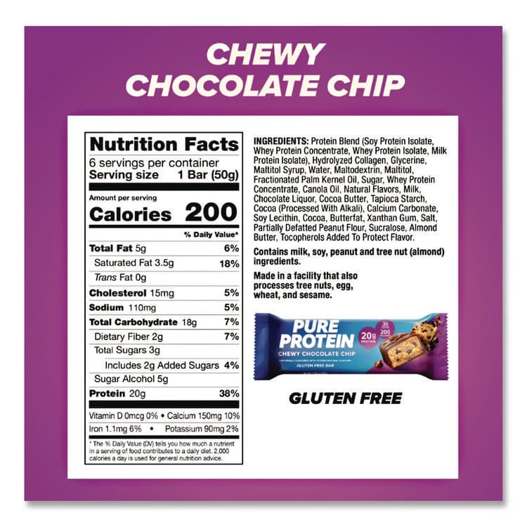 THE BALANCE BAR COMPANY Pure Protein Bar, Chewy Chocolate Chip, 1.76 oz Bar, 6/Box (BCBNRN13353) thumbnail 2