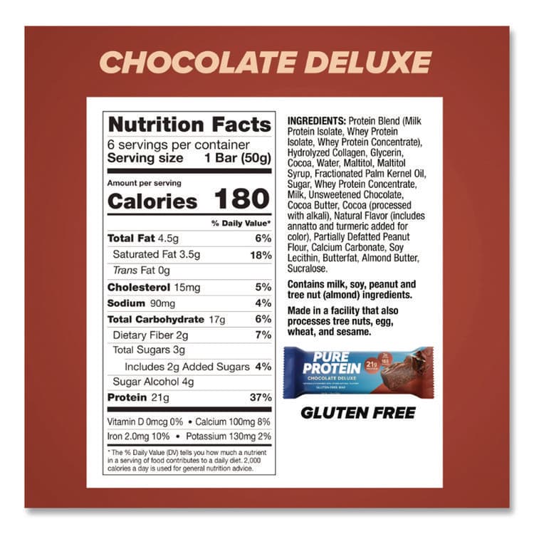 THE BALANCE BAR COMPANY Pure Protein Bar, Chocolate Deluxe, 1.76 oz Bar, 6/Box (BCBNRN13809) thumbnail 2