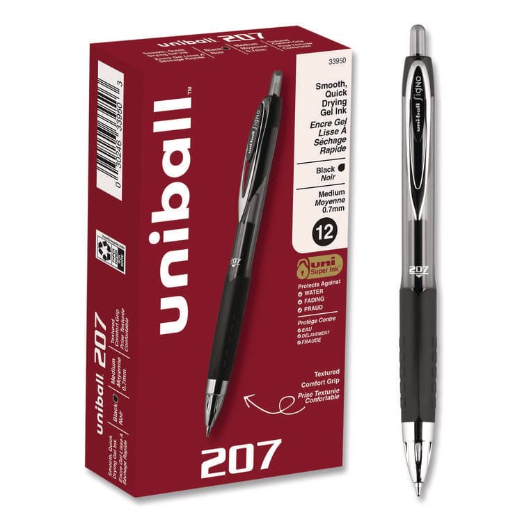 UNI Signo 207 Gel Pen, Retractable, Medium 0.7 mm, Black Ink, Smoke/Black Barrel, Dozen (UBC33950)