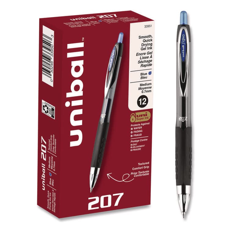 UNI Signo 207 Gel Pen, Retractable, Medium 0.7 mm, Blue Ink, Smoke/Black/Blue Barrel, Dozen (UBC33951)