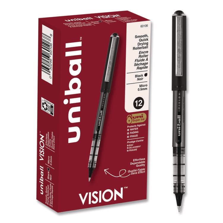 UNI VISION Rollerball Pen, Stick, Micro 0.5 mm, Black Ink, Gray/Black/Clear Barrel, Dozen (UBC60106)