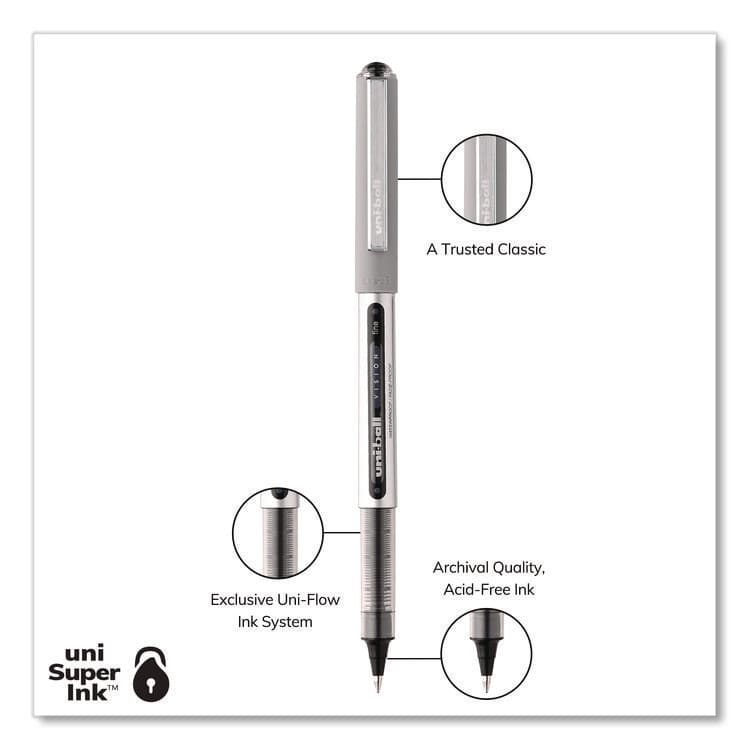 UNI VISION Rollerball Pen, Stick, Fine 0.7 mm, Black Ink, Silver/Black/Clear Barrel, Dozen (UBC60126) thumbnail 3