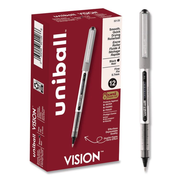 UNI VISION Rollerball Pen, Stick, Fine 0.7 mm, Black Ink, Silver/Black/Clear Barrel, Dozen (UBC60126)