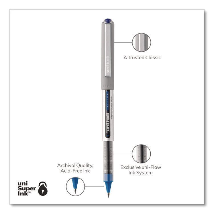 UNI VISION Rollerball Pen, Stick, Fine 0.7 mm, Blue Ink, Silver/Blue/Clear Barrel, Dozen (UBC60134) thumbnail 3