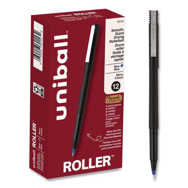 UNI Rollerball Pen, Stick, Micro 0.5 mm, Blue Ink, Black/Blue Barrel, Dozen (UBC60153)