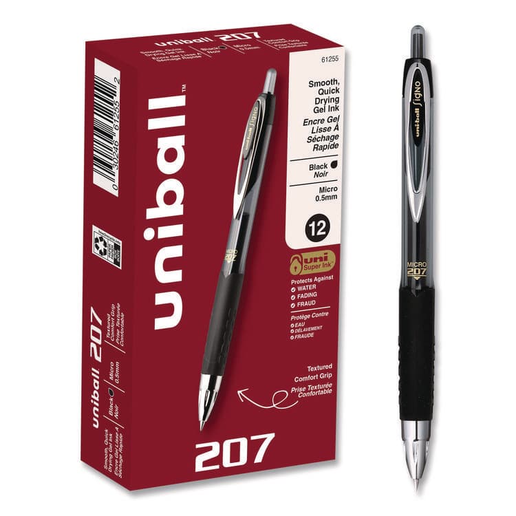 UNI Signo 207 Gel Pen, Retractable, Fine 0.5 mm, Black Ink, Smoke/Black Barrel, Dozen (UBC61255)