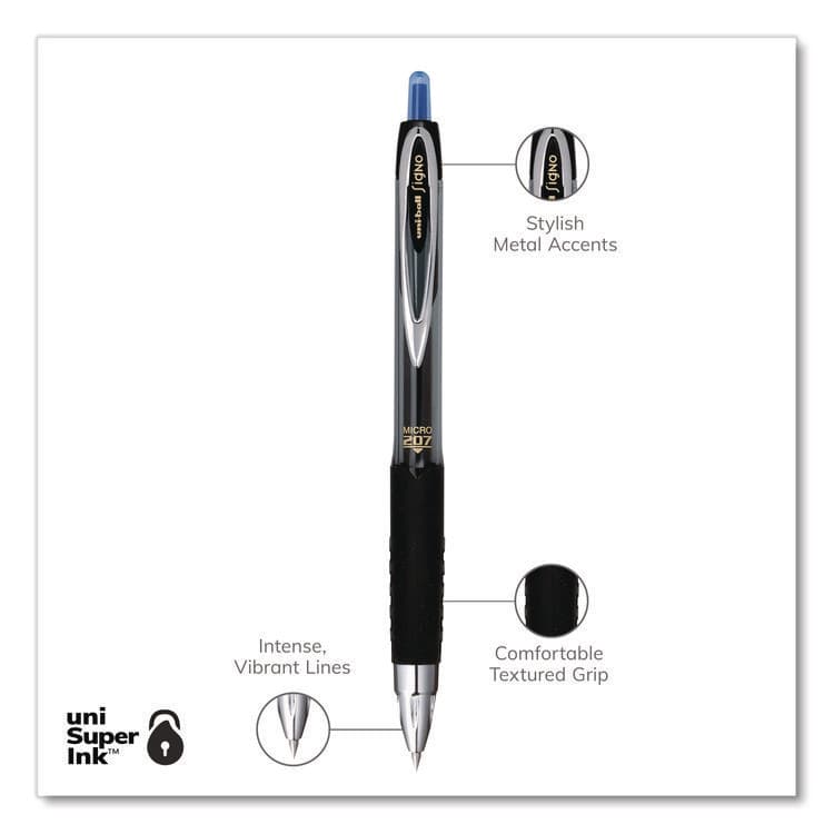 UNI Signo 207 Gel Pen, Retractable, Fine 0.5 mm, Blue Ink, Smoke/Black/Blue Barrel, Dozen (UBC61256) thumbnail 3