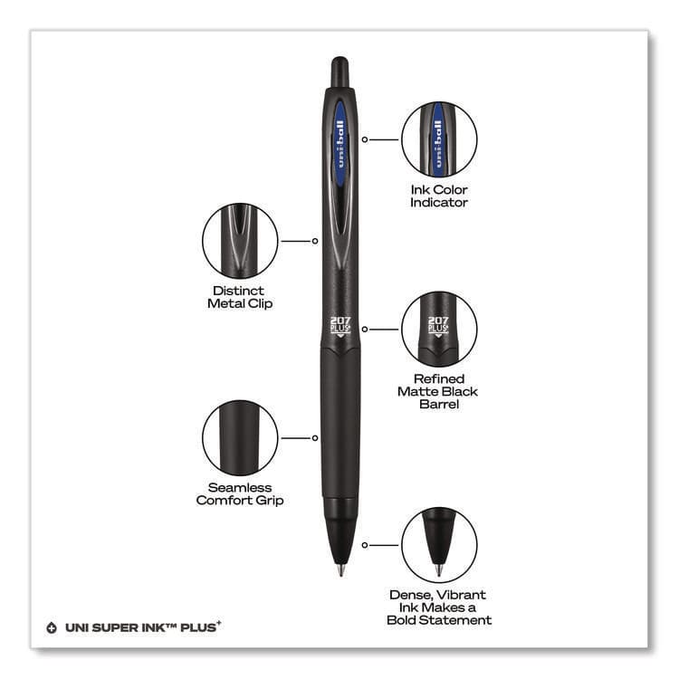 UNI 207 Plus+ Gel Pen, Retractable, Medium 0.7 mm, Blue Ink, Black Barrel, 4/Pack (UBC70457) thumbnail 3