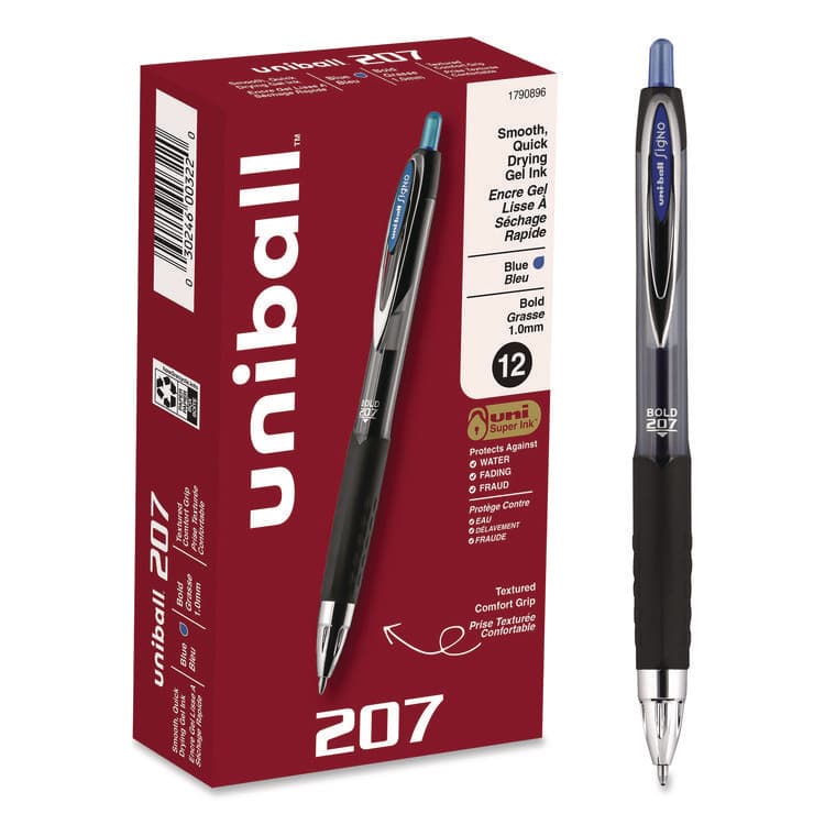 UNI Signo 207 Gel Pen, Retractable, Bold 1 mm, Blue Ink, Smoke/Black/Blue Barrel, Dozen (UBC1790896)