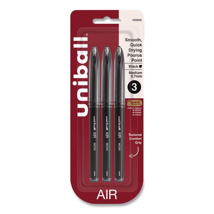 UNI AIR Porous Gel Pen, Stick, Medium 0.7 mm, Black Ink, Black Barrel, 3/Pack (UBC1926808)