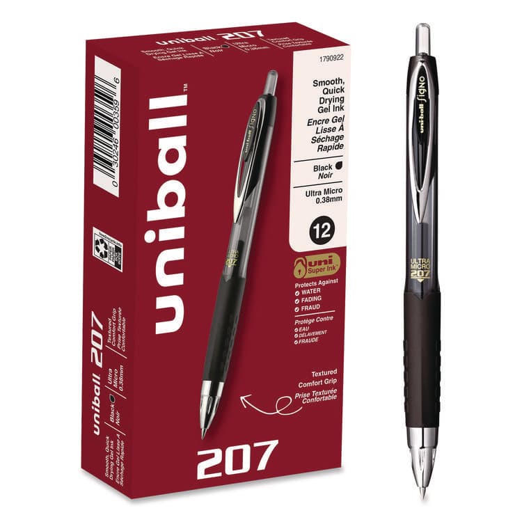 UNI 207 Ultra Micro Gel Pen, Retractable, Ultra-Micro 0.38 mm, Black Ink, Clear/Black Barrel (UBC1790922)