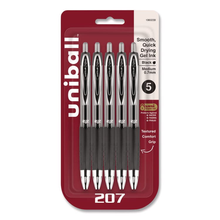 UNI Signo 207 Gel Pen, Retractable, Medium 0.7 mm, Black Ink, Clear/Black Barrel, 5/Pack (UBC1960239)
