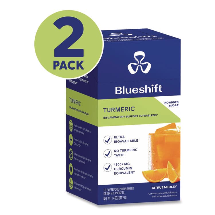 BLUESHIFT NUTRITION Turmeric Citrus Medley Drink Mix, Citrus Medley Flavor, 0.16 oz Packets, 10/Pack, 2 Packs/Carton (GRR60004166) thumbnail 2