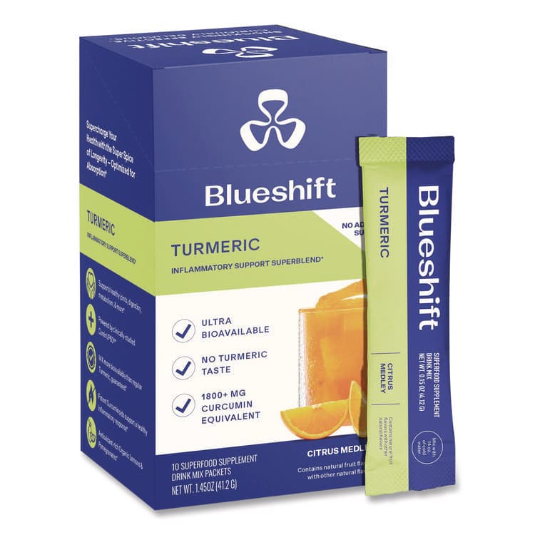 BLUESHIFT NUTRITION Turmeric Citrus Medley Drink Mix, Citrus Medley Flavor, 0.16 oz Packets, 10/Pack, 2 Packs/Carton (GRR60004166) thumbnail 3