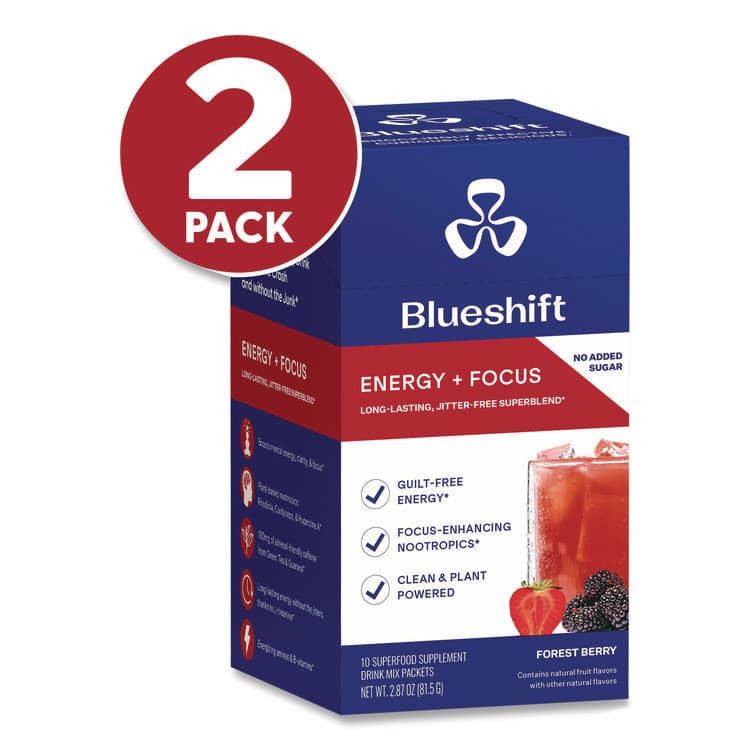 BLUESHIFT NUTRITION Energy and Focus Forest Berry Drink Mix, 0.24 oz Packets, 10/Pack, 2 Packs/Carton (GRR60004167) thumbnail 2