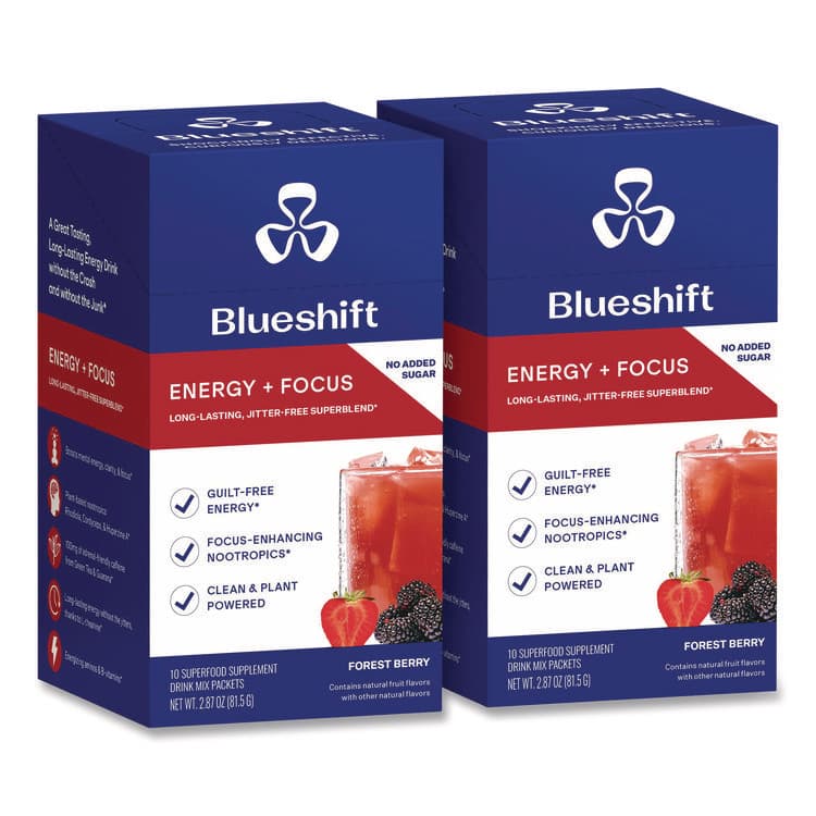 BLUESHIFT NUTRITION Energy and Focus Forest Berry Drink Mix, 0.24 oz Packets, 10/Pack, 2 Packs/Carton (GRR60004167)
