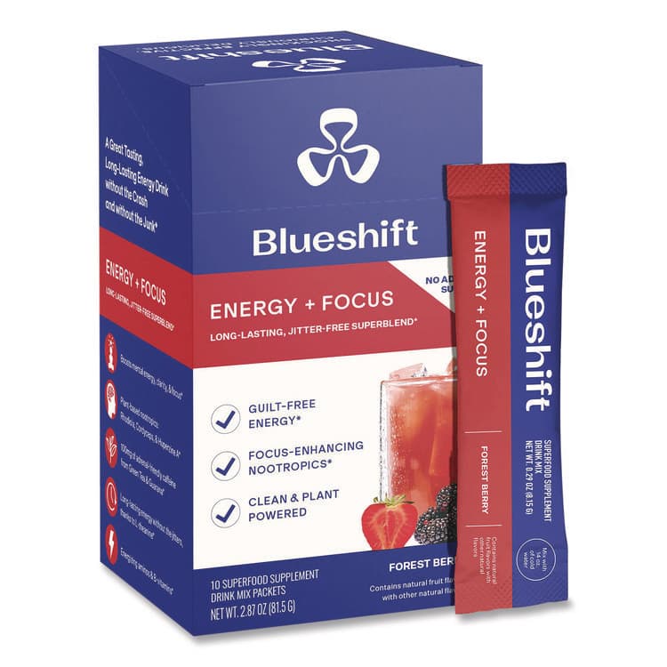 BLUESHIFT NUTRITION Energy and Focus Forest Berry Drink Mix, 0.24 oz Packets, 10/Pack, 2 Packs/Carton (GRR60004167) thumbnail 3