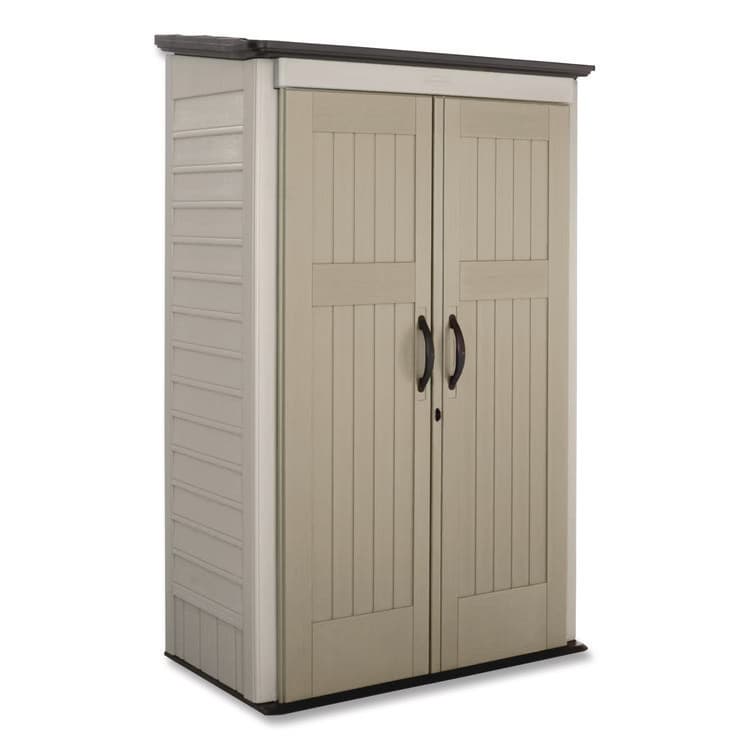 RUBBERMAID Vertical Storage Shed, 53 cu ft, 2.5 ft x 4 ft x 7 ft, Sandstone/Faint Maple (RUB5L3000SDONX)