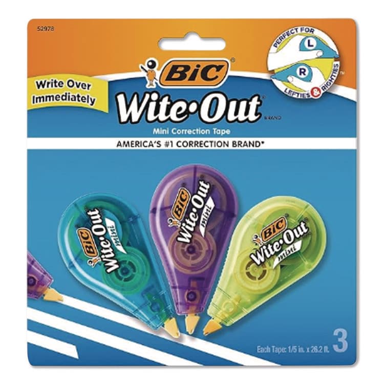 BIC CORP. Wite-Out Brand Mini Correction Tape, Non-Refillable, 0.2" x 26.2 ft, White Tape, Assorted Dispenser Colors, 3/Pack (BICWOTMP31WHI)