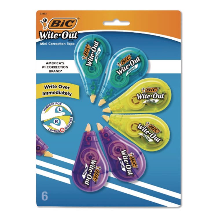 BIC CORP. Wite-Out Brand Mini Correction Tape, Non-Refillable, 0.2" x 26.2 ft, White Tape, Assorted Dispenser Colors, 6/Pack (BICWOTMP61WHI)