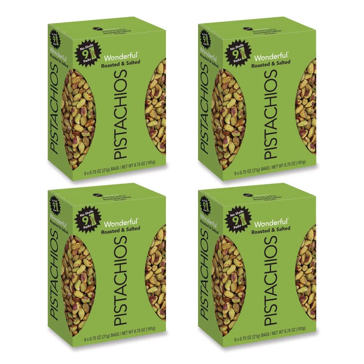 PARAMOUNT FARMS . Wonderful No Shells Pistachios, Roasted and Salted, 0.75 oz Bag, 9 Bags/Box, 4 Boxes/Carton (WONPAR91100)