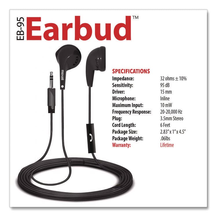 MAXELL CORP. OF AMERICA EB95 Wired Earbuds with Mic, Black (MAX199846) thumbnail 2