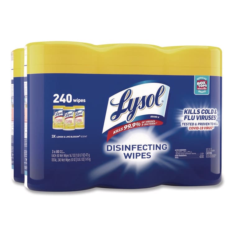 RECKITT BENCKISER Disinfecting Wipes, 1-Ply, 7 x 7.25, Lemon and Lime Blossom, White, 80 Wipes/Canister, 3 Canisters/Pack, 2 Packs/Carton (RAC84251CT)