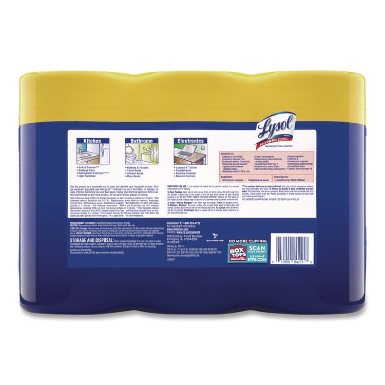 RECKITT BENCKISER Disinfecting Wipes, 1-Ply, 7 x 7.25, Lemon and Lime Blossom, White, 80 Wipes/Canister, 3 Canisters/Pack (RAC84251PK) thumbnail 2