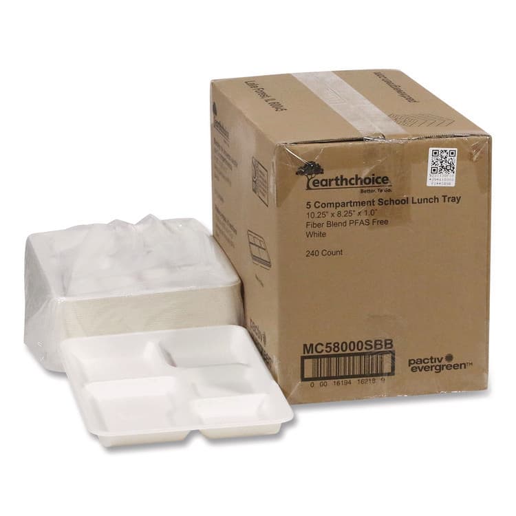 PACTIV EVERGREEN CORPORATION Compostable Fiber Blend School Lunch Tray, 10 x 8 x 1, White, 240/Carton (PCTMC58000SBB)