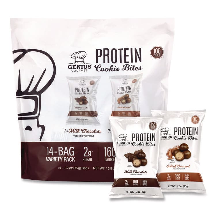 GENIUS GOURMET Protein Cookie Bites Variety Pack, Salted Caramel and Milk Chocolate, 1.2 oz Bag, 14/Box (GRR22002521) thumbnail 2
