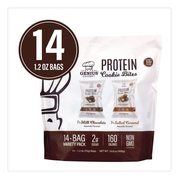 GENIUS GOURMET Protein Cookie Bites Variety Pack, Salted Caramel and Milk Chocolate, 1.2 oz Bag, 14/Box (GRR22002521) thumbnail 3