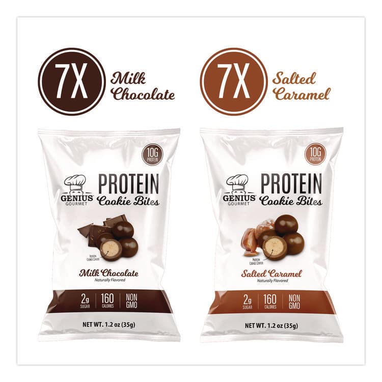 GENIUS GOURMET Protein Cookie Bites Variety Pack, Salted Caramel and Milk Chocolate, 1.2 oz Bag, 14/Box (GRR22002521) thumbnail 4