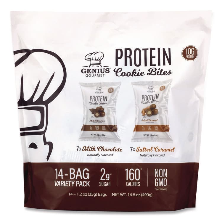 GENIUS GOURMET Protein Cookie Bites Variety Pack, Salted Caramel and Milk Chocolate, 1.2 oz Bag, 14/Box (GRR22002521)
