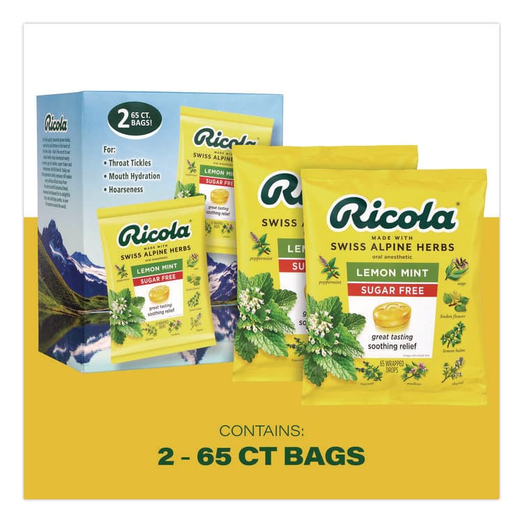 RICOLA Sugar-Free Lemon Mint Herb Throat Drops, 65/Bag, 2 Bags/Pack (GRR22002531) thumbnail 3
