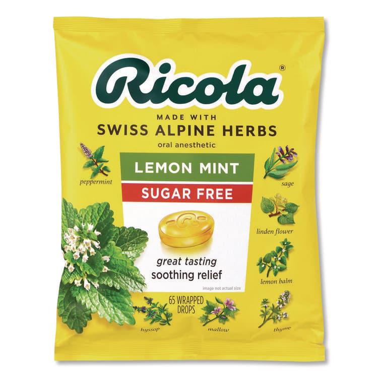 RICOLA Sugar-Free Lemon Mint Herb Throat Drops, 65/Bag, 2 Bags/Pack (GRR22002531)