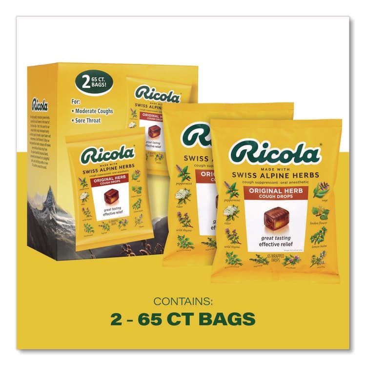 RICOLA Cough Drops, Original Herb, 65/Bag, 2 Bags/Pack (GRR22002532) thumbnail 3