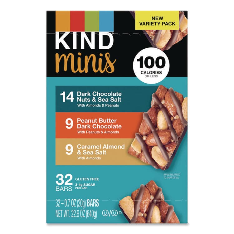 KIND LLC Minis, Dark Chocolate Nuts Sea Salt/Caramel Almond Nuts Sea Salt, 0.7 oz Bar, 32 Bars/Carton (GRR22000799) thumbnail 3