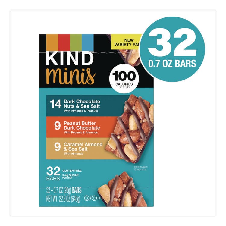 KIND LLC Minis, Dark Chocolate Nuts Sea Salt/Caramel Almond Nuts Sea Salt, 0.7 oz Bar, 32 Bars/Carton (GRR22000799) thumbnail 2