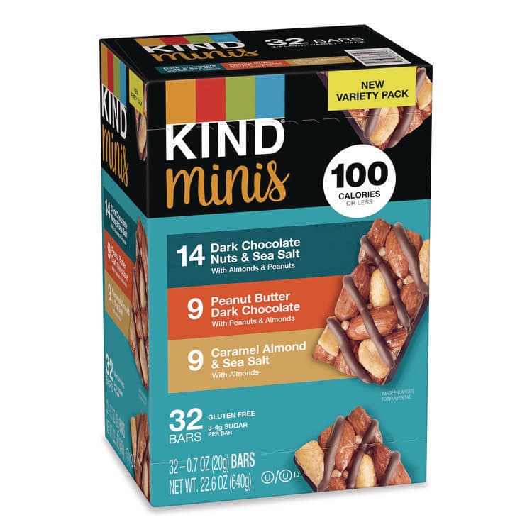 KIND LLC Minis, Dark Chocolate Nuts Sea Salt/Caramel Almond Nuts Sea Salt, 0.7 oz Bar, 32 Bars/Carton (GRR22000799) thumbnail 4