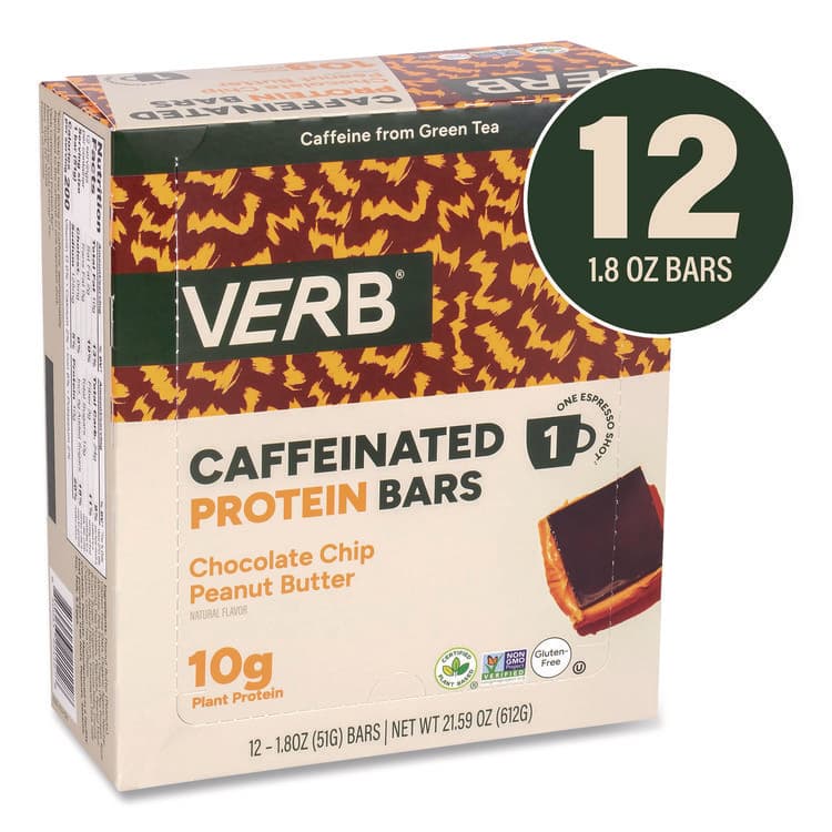 VERB ENERGY Caffeinated Protein Bar, Chocolate Chip Peanut Butter, 1.8 oz Bar, 12/Box (GRR22002522) thumbnail 2