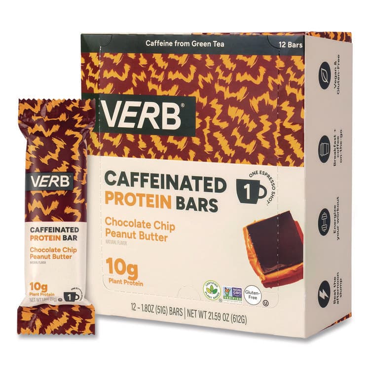 VERB ENERGY Caffeinated Protein Bar, Chocolate Chip Peanut Butter, 1.8 oz Bar, 12/Box (GRR22002522) thumbnail 3