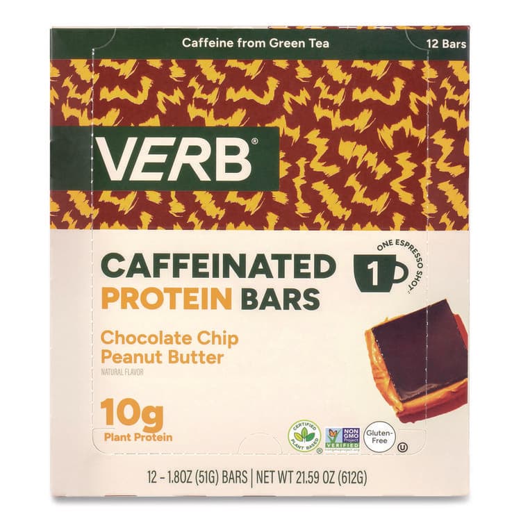 VERB ENERGY Caffeinated Protein Bar, Chocolate Chip Peanut Butter, 1.8 oz Bar, 12/Box (GRR22002522)