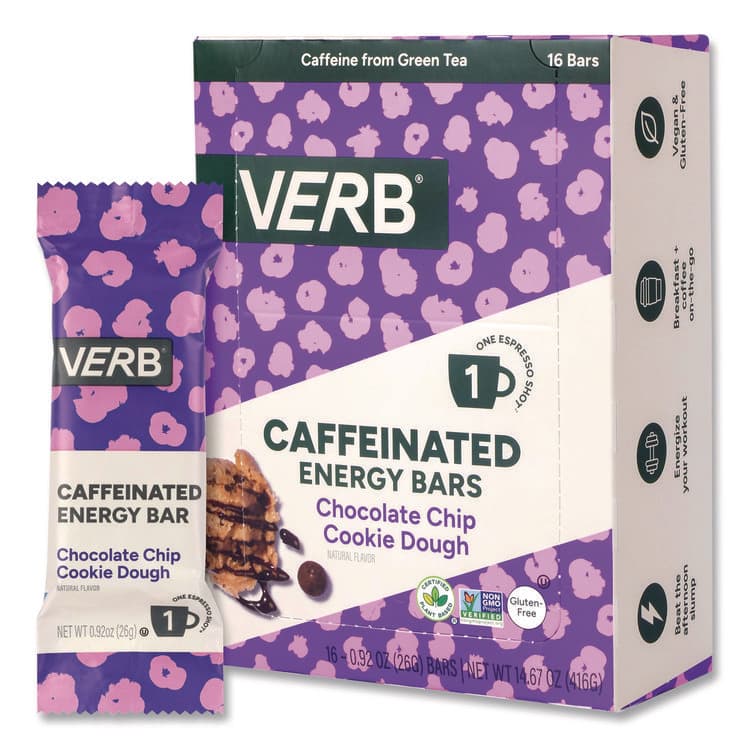VERB ENERGY Caffeinated Energy Bar, Chocolate Chip Cookie Dough, 0.92 oz Bar, 16/Box (GRR22002525) thumbnail 3