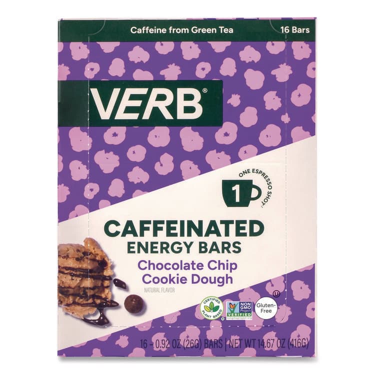 VERB ENERGY Caffeinated Energy Bar, Chocolate Chip Cookie Dough, 0.92 oz Bar, 16/Box (GRR22002525)