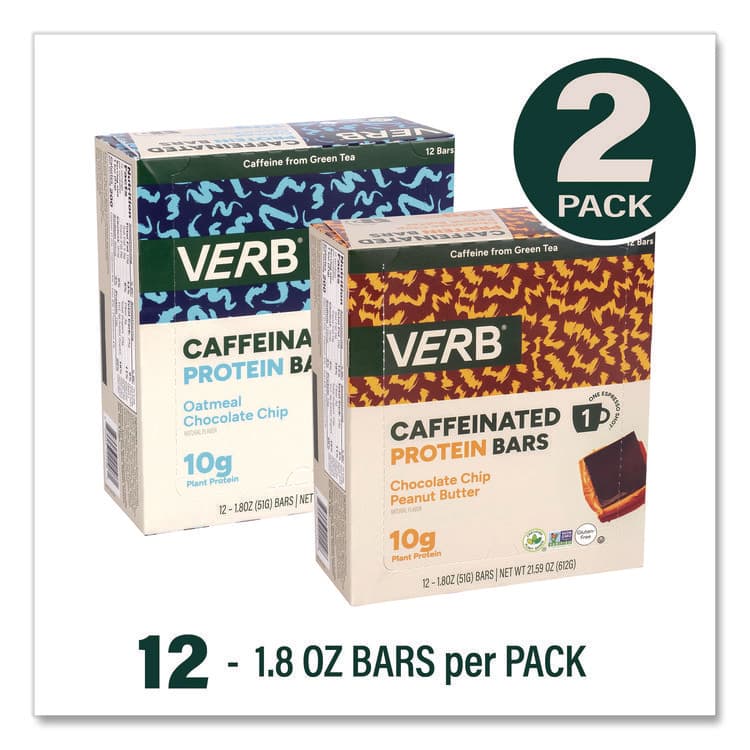 VERB ENERGY Caffeinated Protein Bar, Chocolate Chip Peanut Butter and Oatmeal Chocolate Chip, 1.8 oz Bar, 24/Box (GRR60004177) thumbnail 2