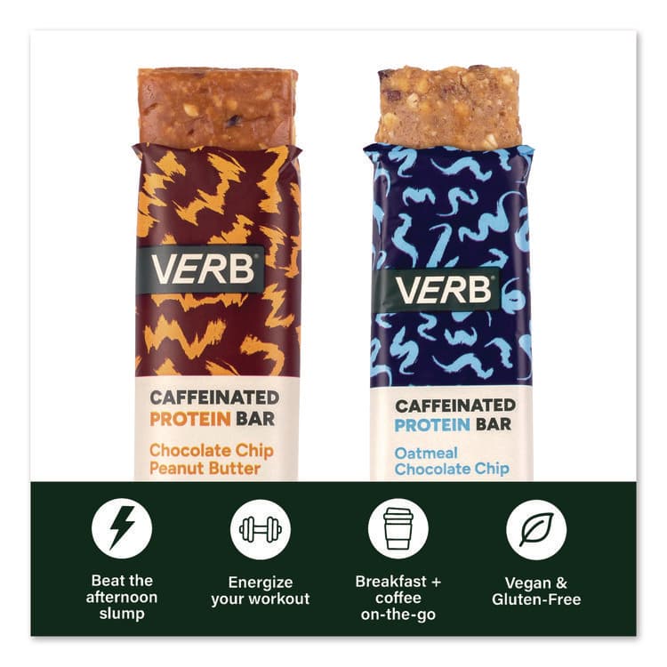 VERB ENERGY Caffeinated Protein Bar, Chocolate Chip Peanut Butter and Oatmeal Chocolate Chip, 1.8 oz Bar, 24/Box (GRR60004177) thumbnail 4