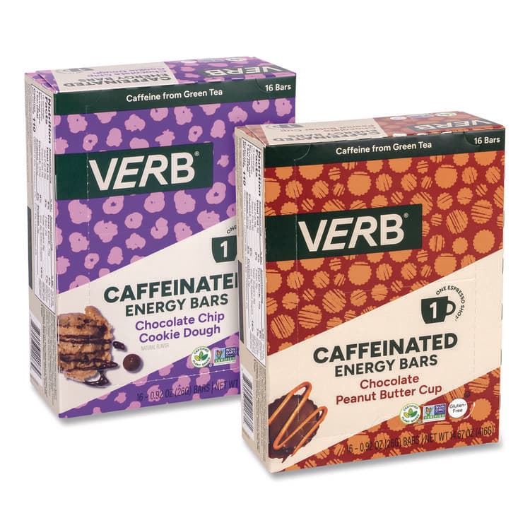 VERB ENERGY Caffeinated Energy Bar, Chocolate Peanut Butter Cup and Chocolate Chip Cookie Dough, 0.92 oz Bar, 32/Box (GRR60004178)