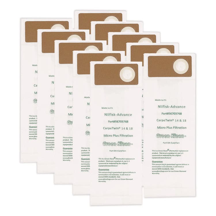 GREEN KLEAN Replacement Vacuum Bags, Fits Advac/Lindhaus/Minuteman Phenom/Nilfisk Carpetwin, 10/Pack (GRKCARPTWNP)